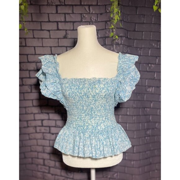 Anthropologie Love The Label Cottage Core Smocked Flutter Sleeve Ruffle Peplum T - Picture 3 of 6